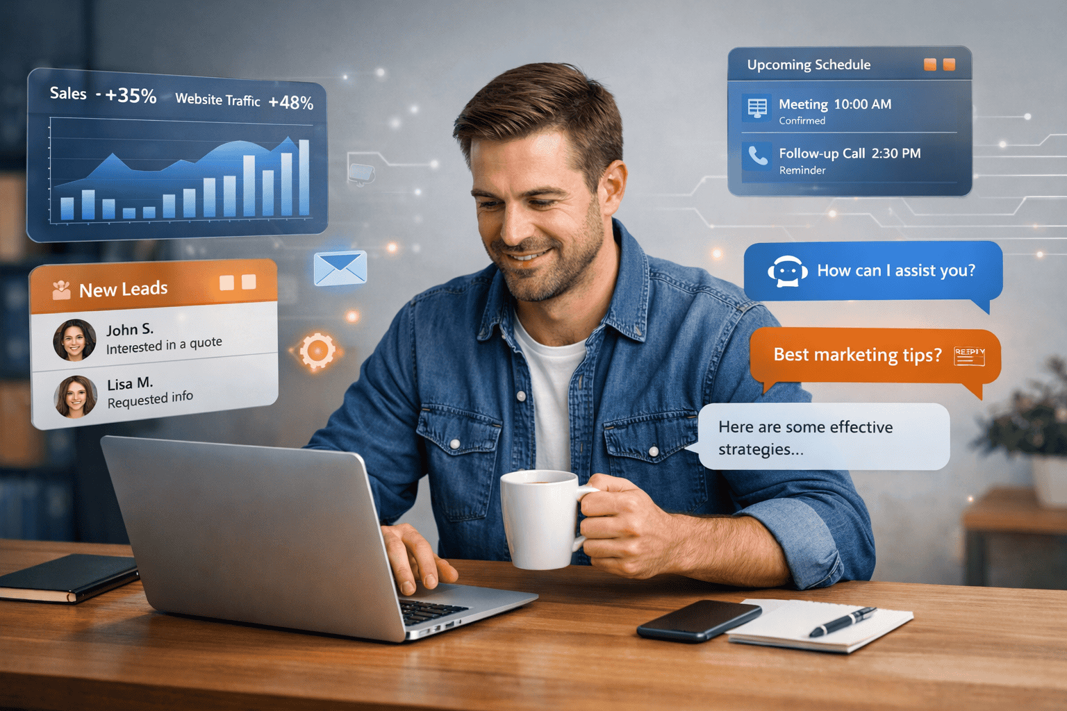 Businessman using AI tools for coaching and automation to boost small business success.