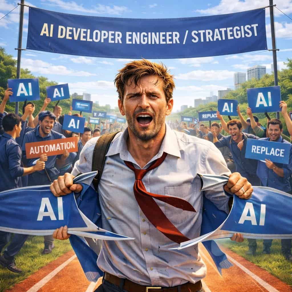 Man breaking through a banner with AI-related signs at a tech rally.